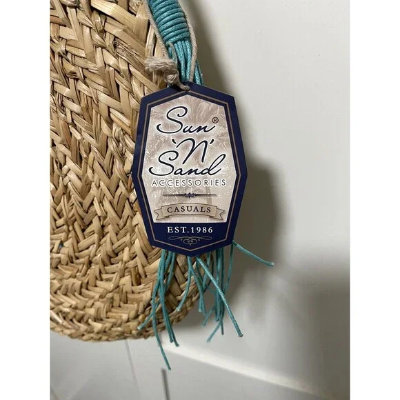Sun N Sand Beach Bag Natural Straw round tote Blue NWT - Picture 4 of 7